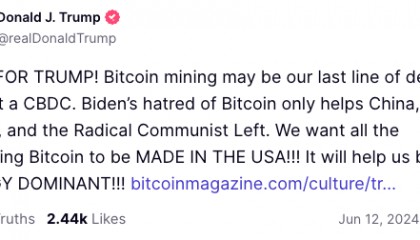 特朗普发文挺矿工,比特币价格一度突破6.9万美元!