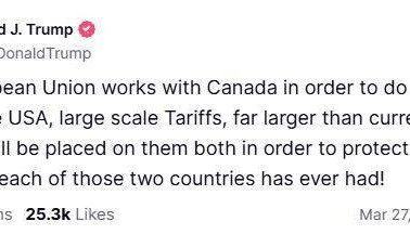 特朗普：若欧盟和加拿大联手对抗 将大规模征收关税