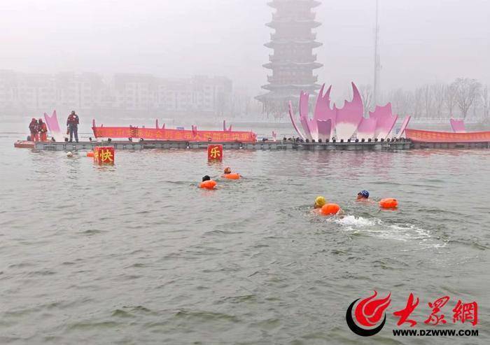 “泳”者无畏 菏泽冬泳爱好者畅游青年湖